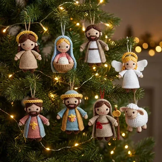 Adornos del nacimiento colgados en el árbol