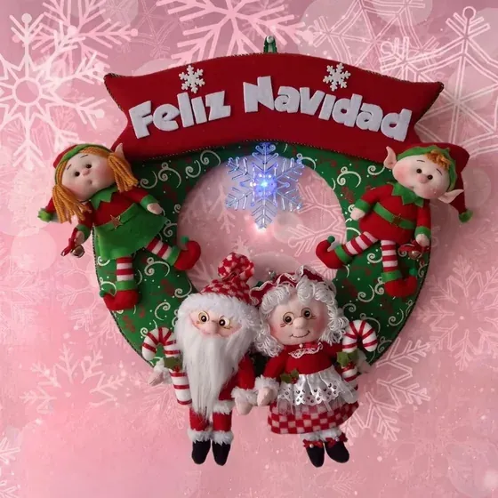 Corona «Feliz Navidad» con duendes, Santa y Mamá Noel