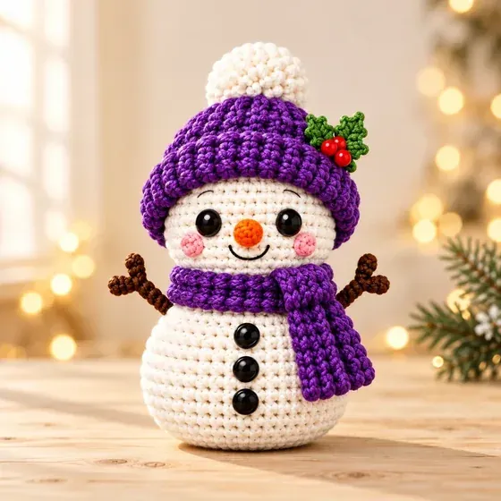 Muñeco de nieve con gorro morado