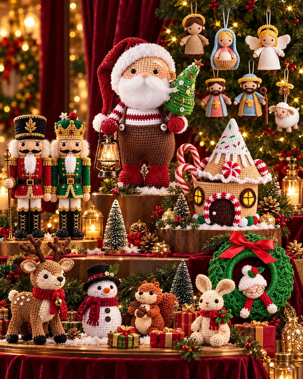 Vitrina navideña con amigurumis tejidos: Santa con farol, cascanueces, casita de jengibre, adornos del nacimiento, reno, muñeco de nieve y corona, entre luces cálidas