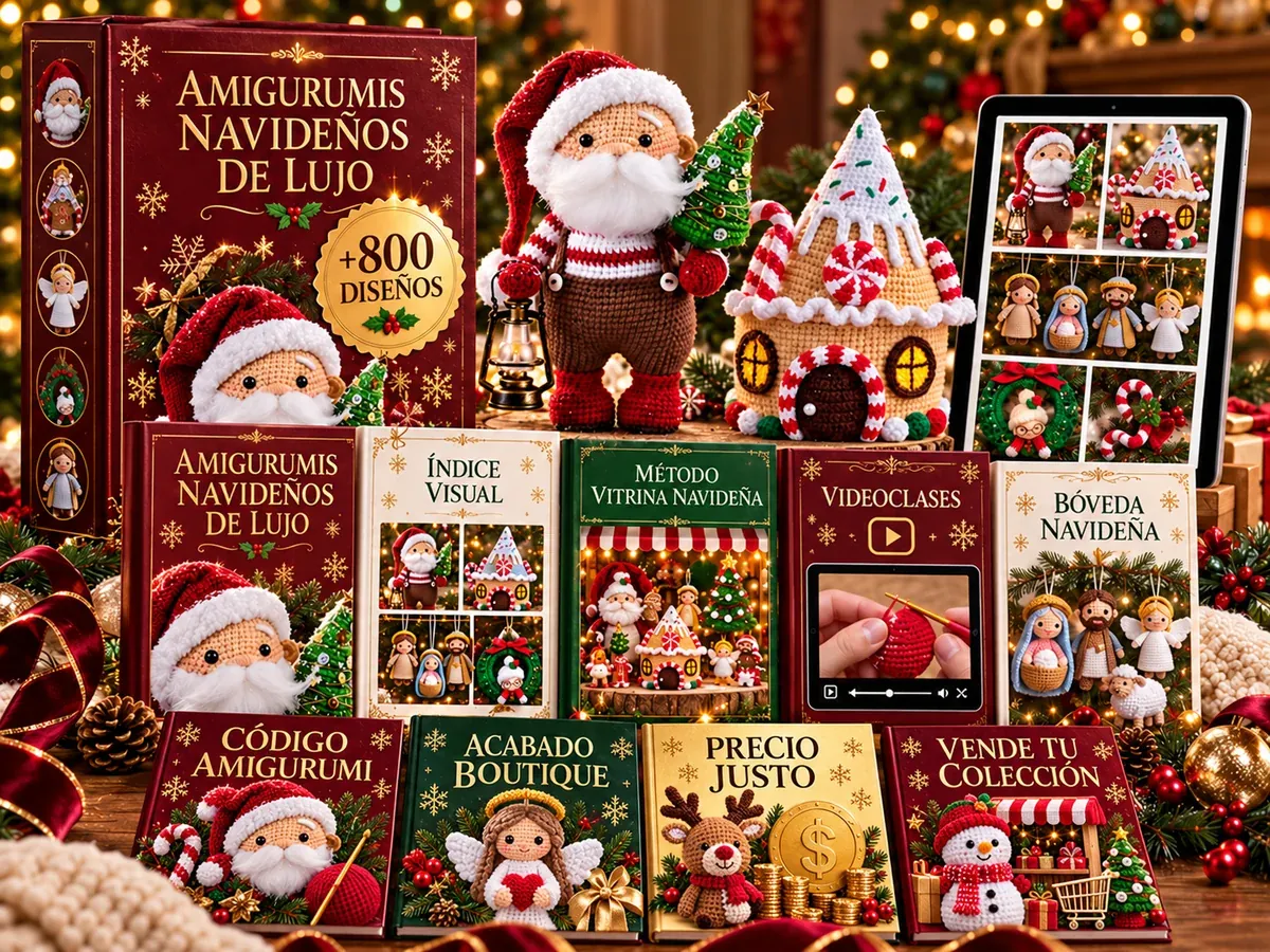 Todo lo que incluye Amigurumis Navideños de Lujo: la colección de +800 diseños, el Índice Visual, el Método Vitrina Navideña, las videoclases, la Bóveda Navideña y los cuatro bonos