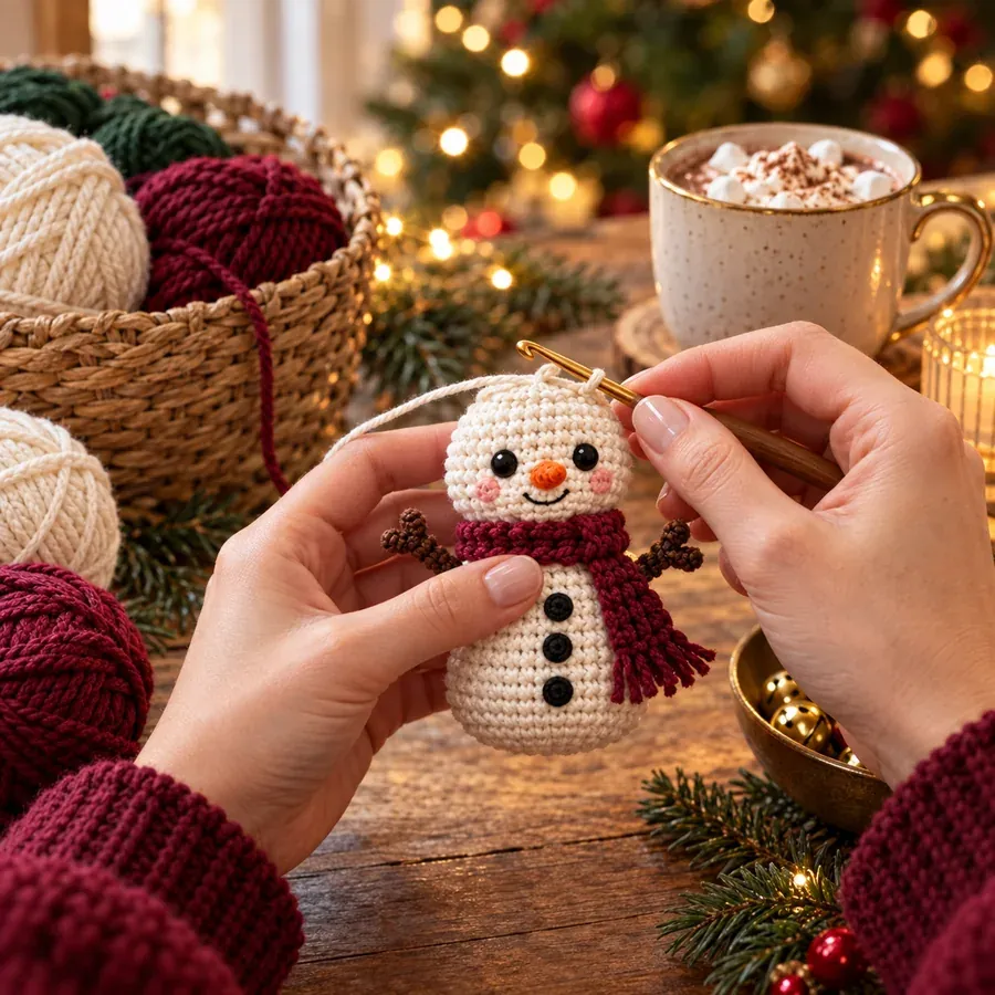 Manos tejiendo un amigurumi navideño junto a una taza y luces cálidas