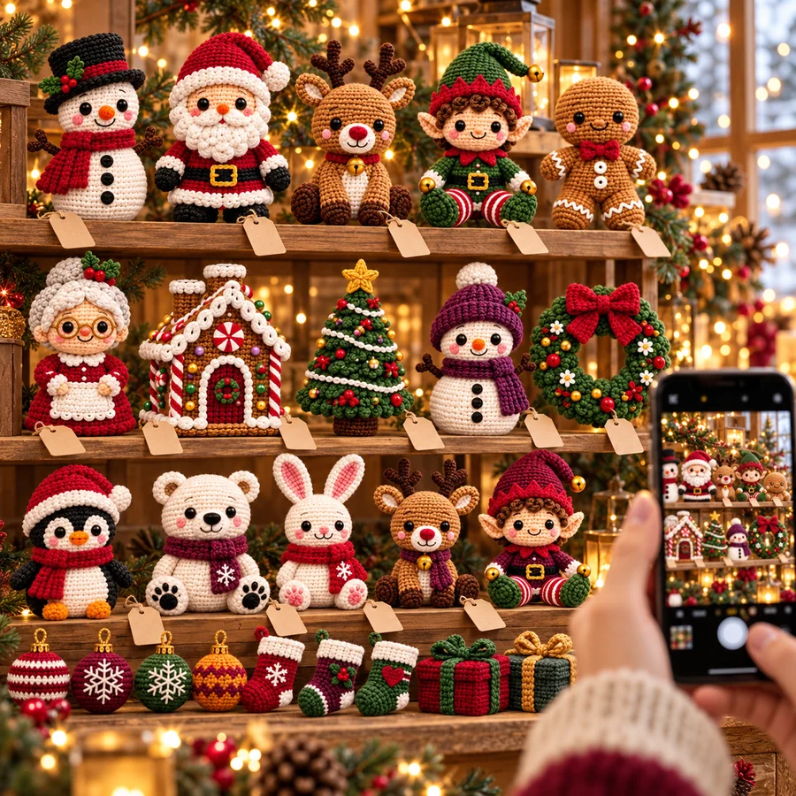 Estantería de amigurumis navideños con etiquetas kraft, fotografiada con un celular
